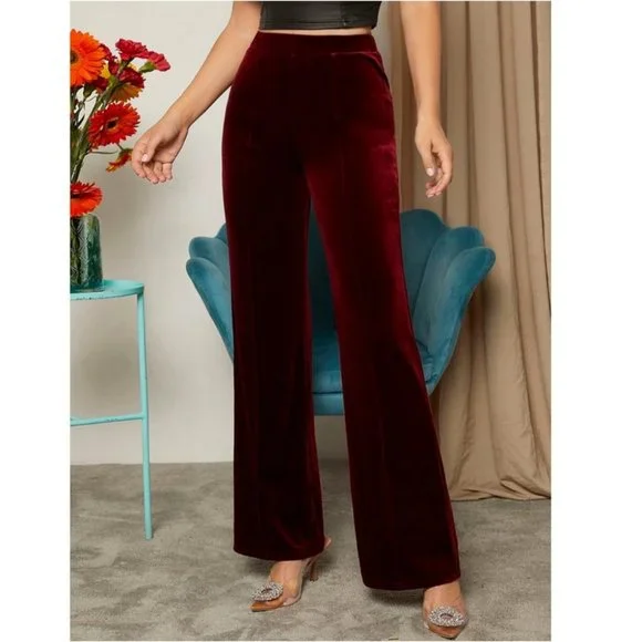 Velvet wide legged Pants Classy Contemporary Burgundy Maroon - Picture 3 of 7